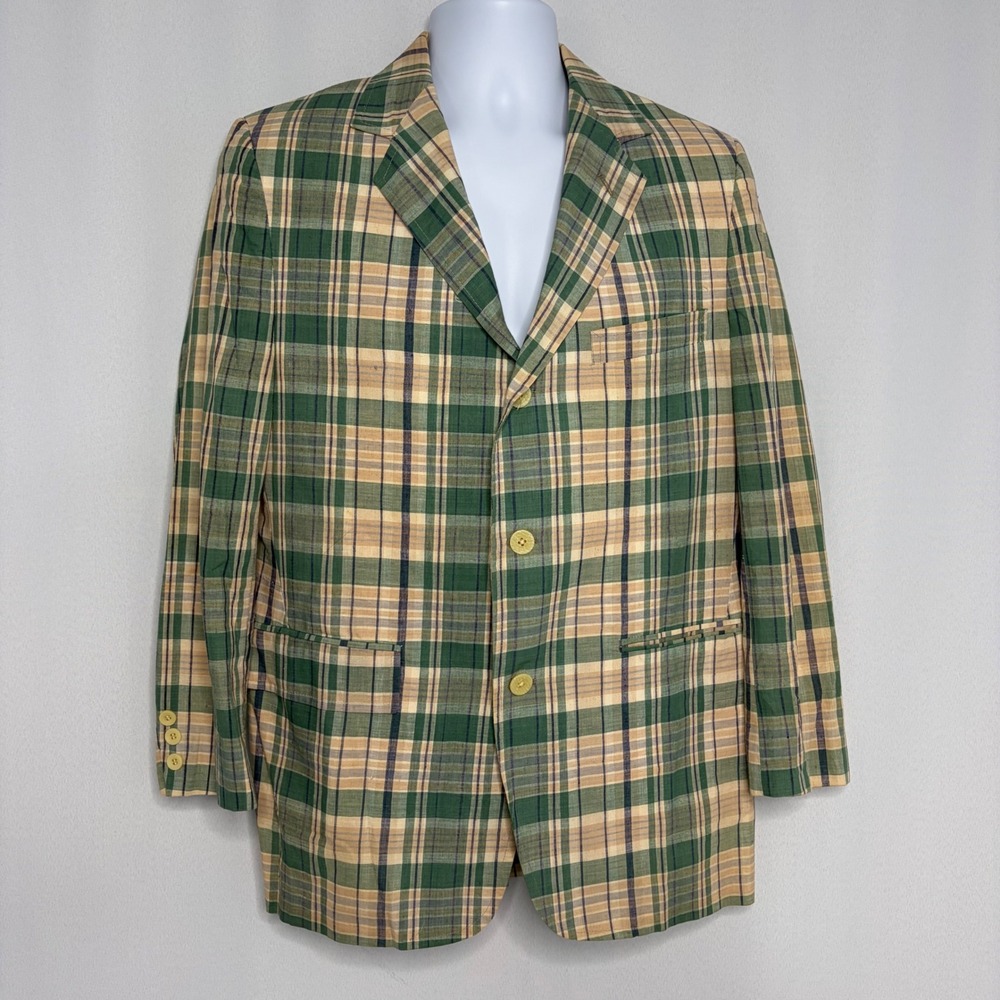 Vintage Gordon of Philadelphia Plaid Blazer Green Tan 3 Button Sport Coat 42R